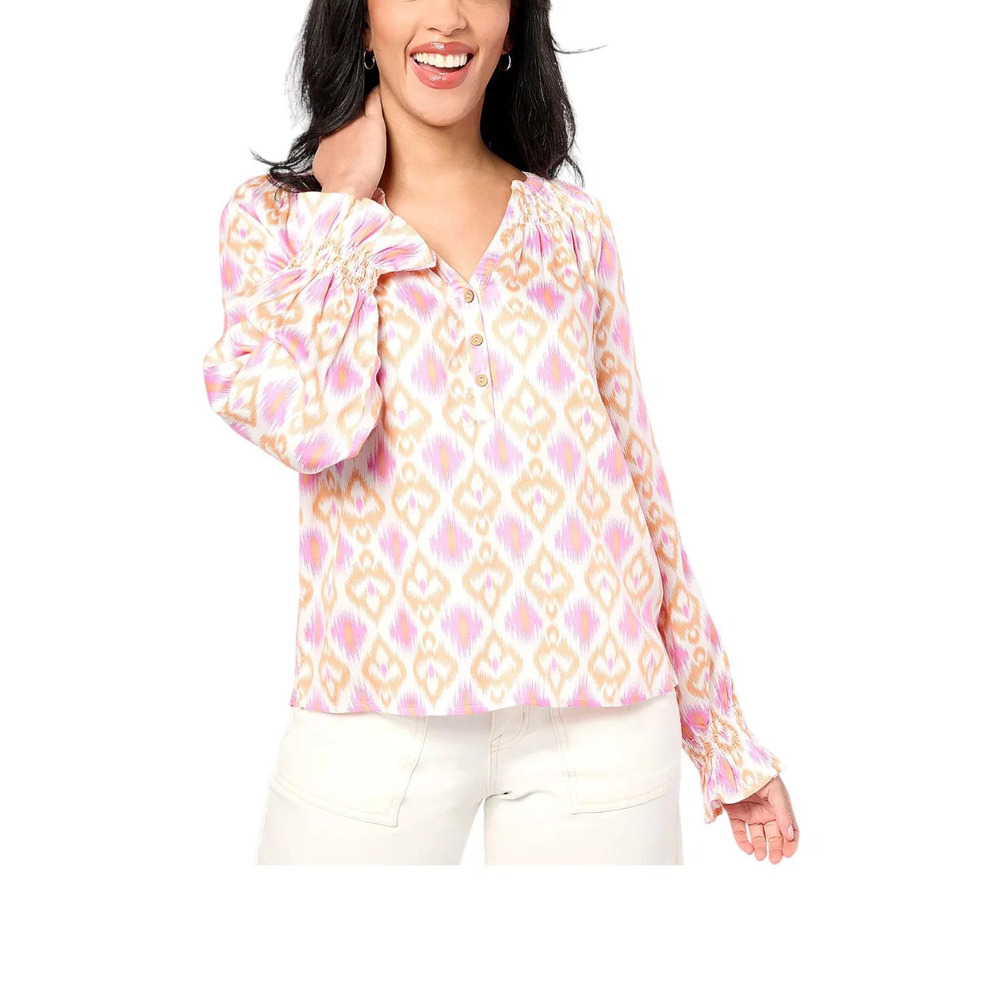 Destination 365 Women's Printed Blouse SplitNeck w Shirring Pink - Regular